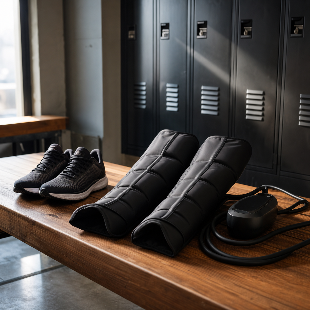 Unbranded compression recovery gear on a locker room bench