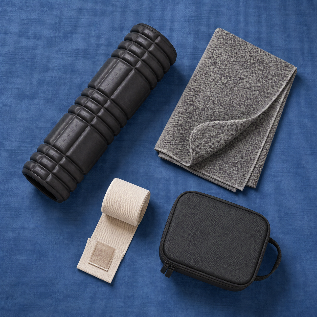 Unbranded athletic recovery kit on a blue exercise mat